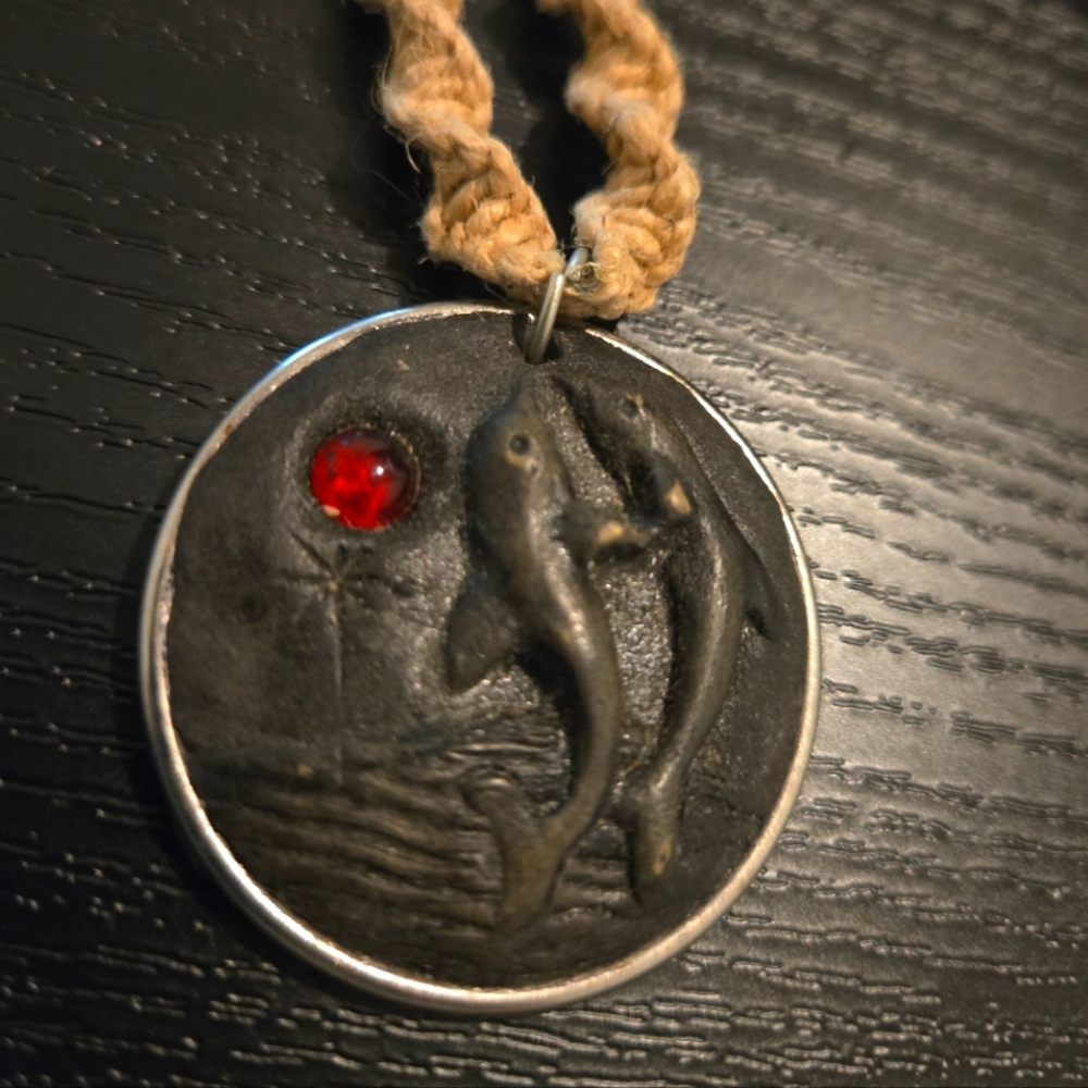 Twin Dolphin with Red Stone Clay Hemp Weave Necklace 16" Fashion Unknown Maker